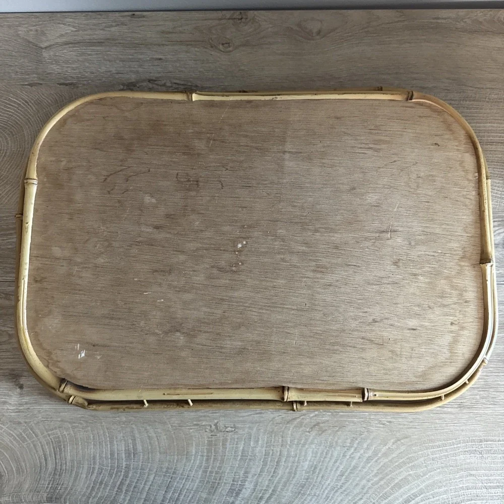 Rattan Bamboo Wicker Trays MCM Mid Century Woven Boho‎ Kitsch Tiki Bar Lot of 2